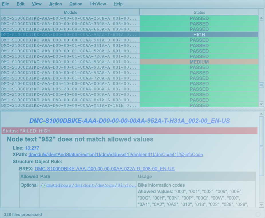 IrisCheck Screenshot With S1000D Bike Sample Check Failure Detail Selected